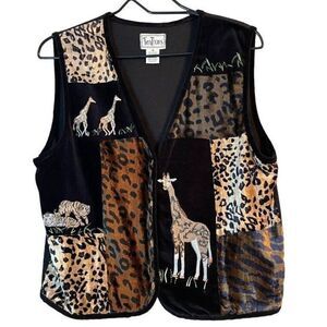 Vintage Tantrums Women's V Neck Button Up Animal Print Vest Black Safari Medium